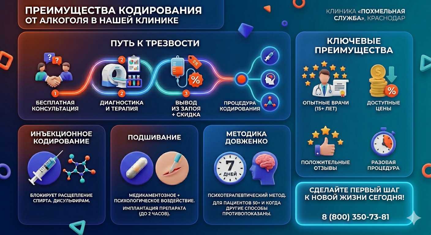 Инфографика о методах кодирования от алкоголя в Багаевской: инъекции, подшивание, метод Довженко. Преимущества клиники и этапы лечения.