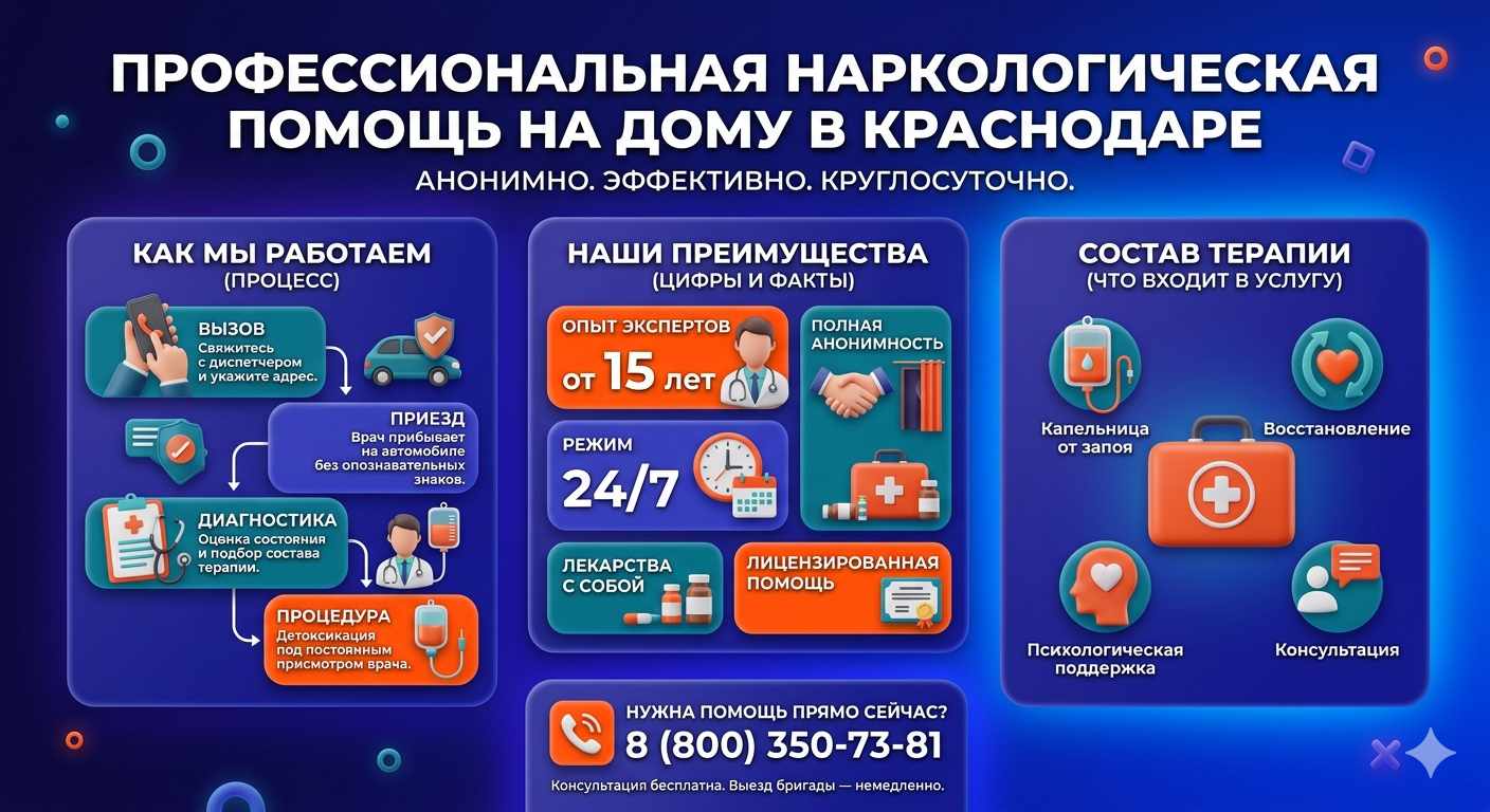 Инфографика о принципах лечения алкоголизма на дому в Багаевской: этапы вызова нарколога, преимущества анонимной детоксикации и состав медицинской помощи.